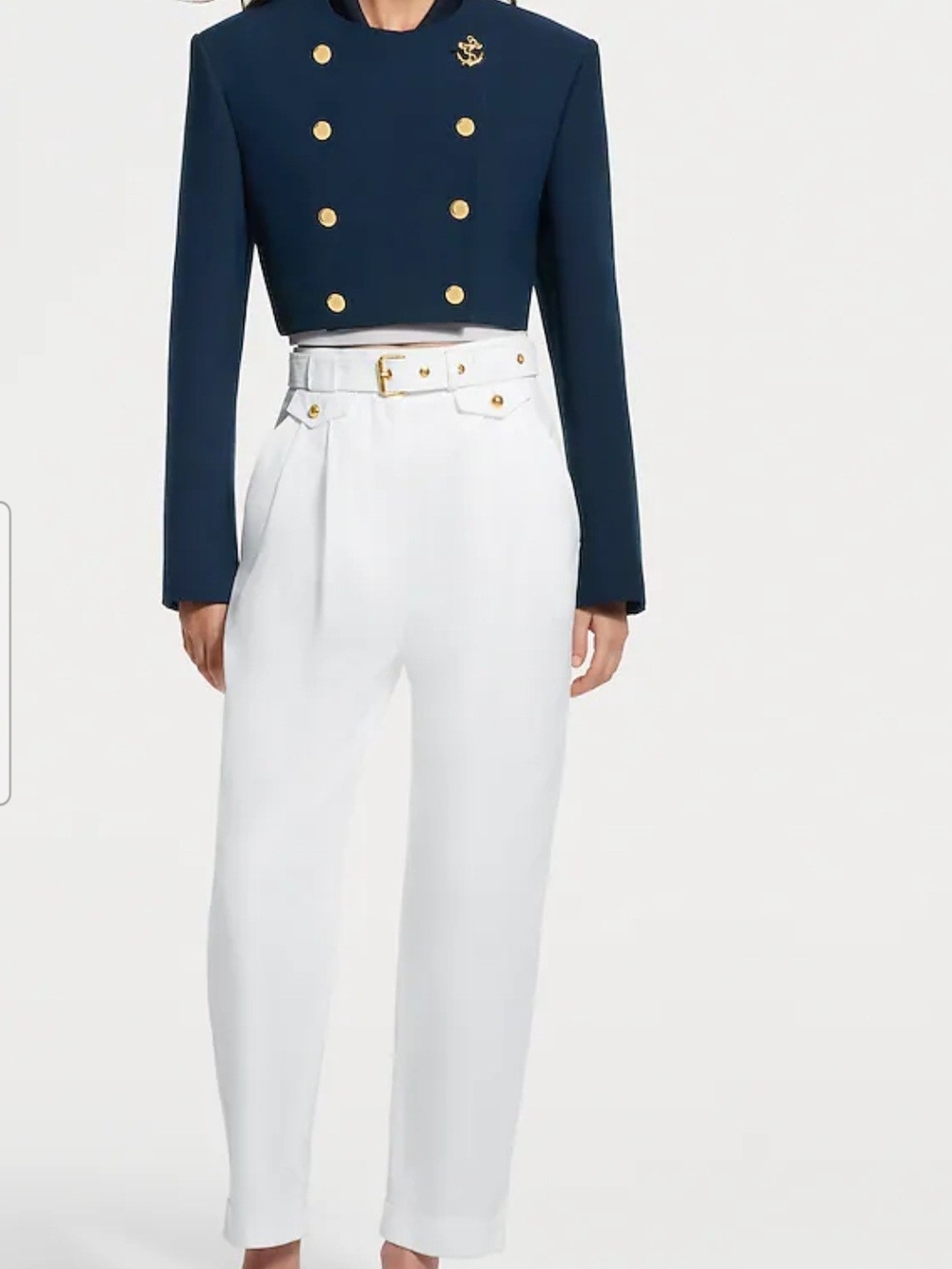 Louis Vuitton Navy Cropped Double-Breasted Jacket with White High-Waist Trousers